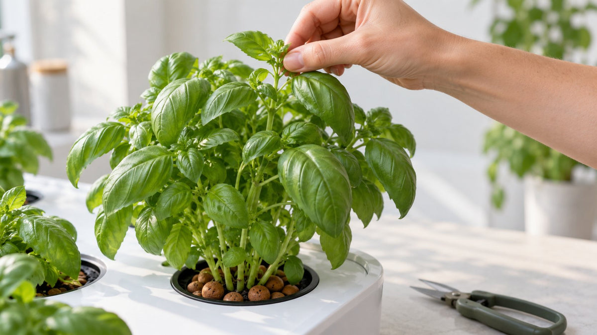 A hand pinching the top of a full, bushy basil plant growing in a hydroponic system