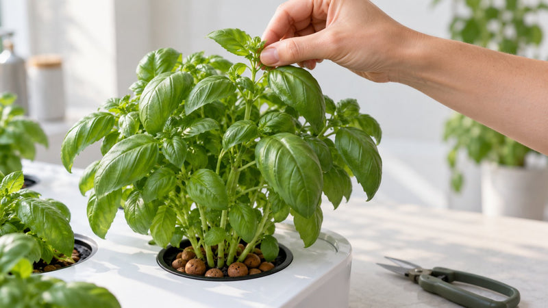 A hand pinching the top of a full, bushy basil plant growing in a hydroponic system