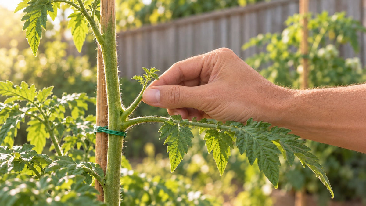 A hand about to pinch a young tomato sucker growing in the angle between a leaf stem and the main stem