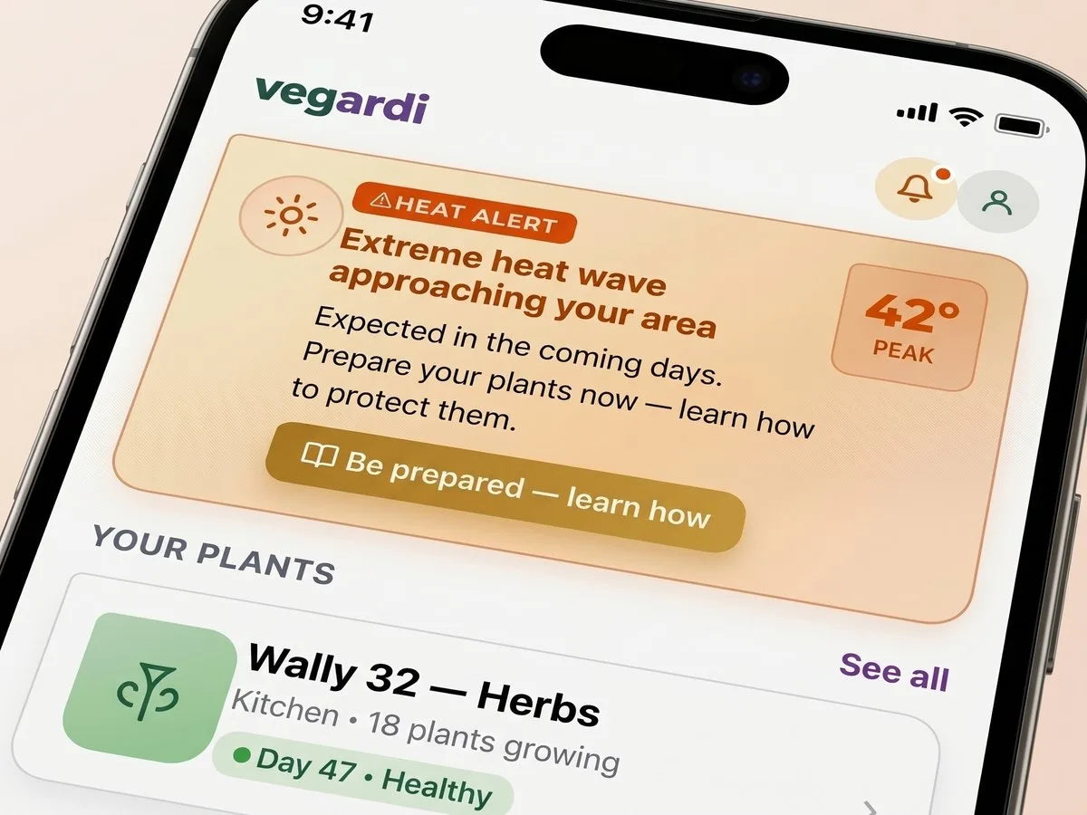 Vegardi heat alert: 'Extreme heat wave approaching your area', with a 42 degree peak indicator and a 'Be prepared, learn how' call to action, on the Vegardi home screen.