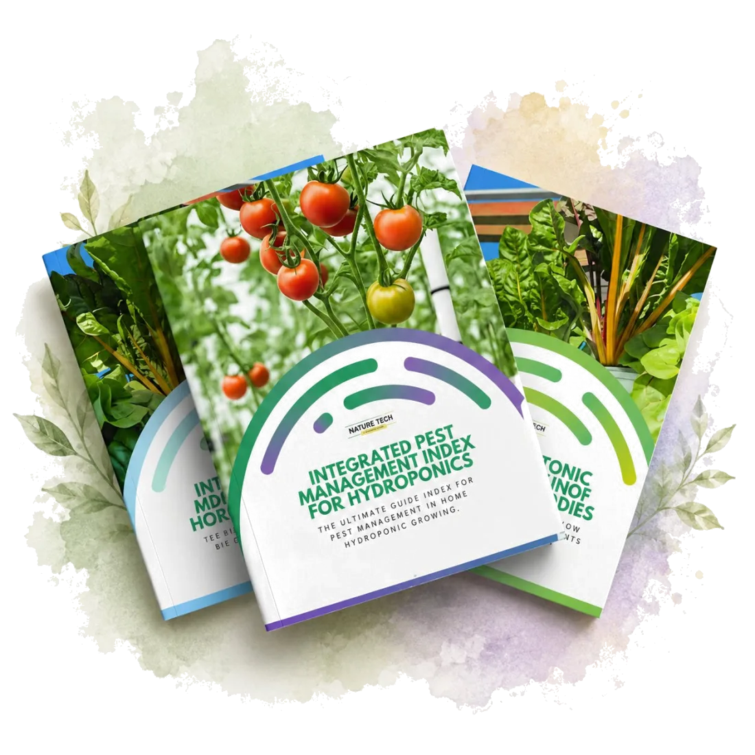 Three professional NatureTech printed guides standing on a white surface.