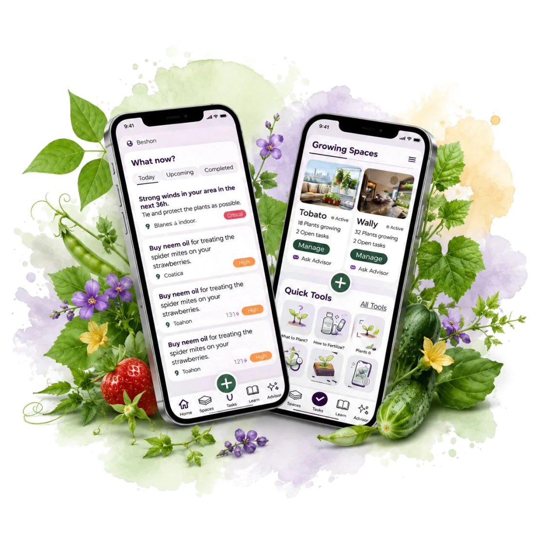 Two phones showing the Vegardi app: today's tasks and a growing-spaces overview.