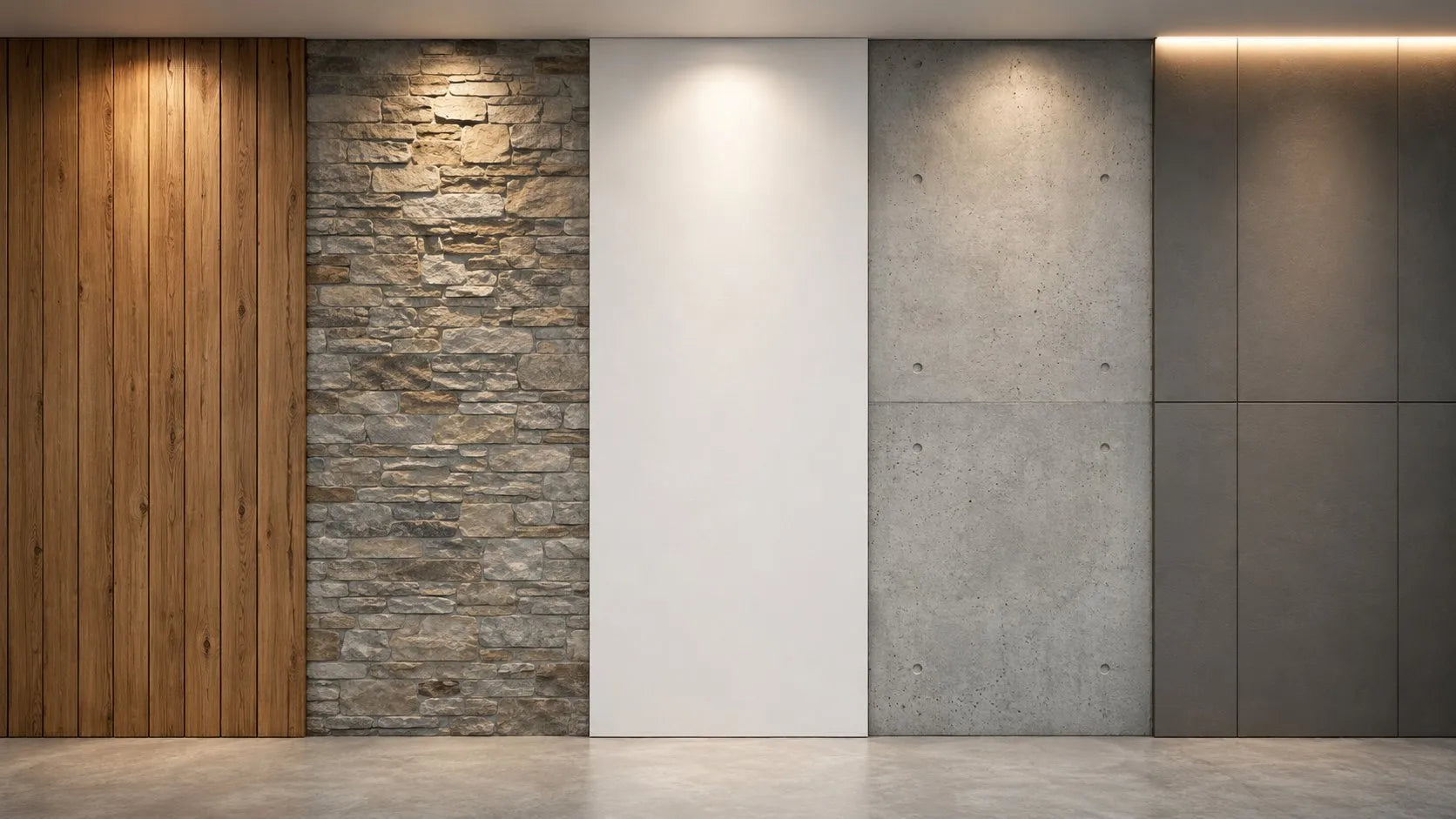 A horizontal montage of five wall surfaces lit from above: stained wood planks, dry-stack stone, smooth painted drywall, raw concrete, and dark sealed concrete panels.