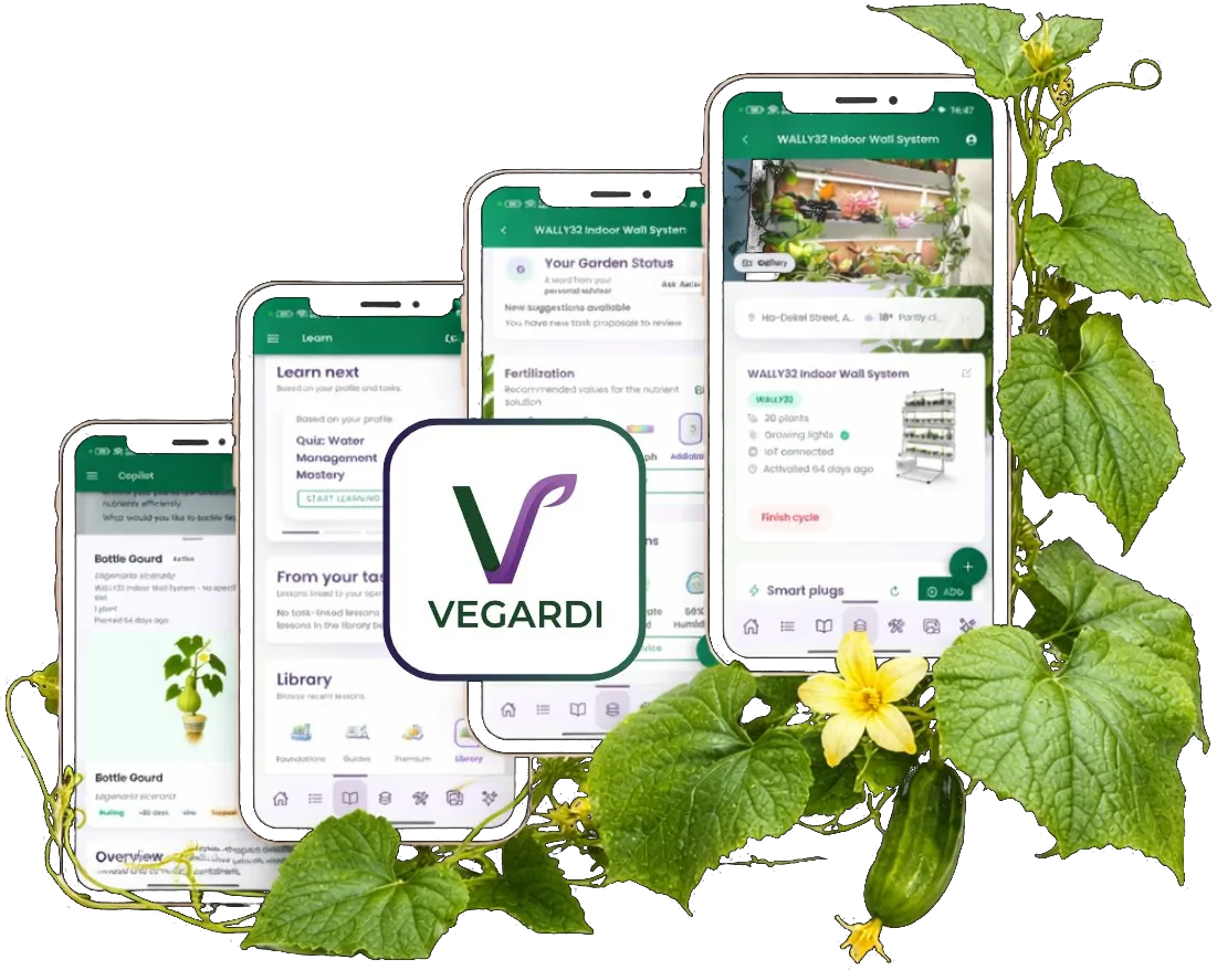 The Vegardi app on four phones showing garden status, learn next, fertilization, and the Wally system overview, with cucumber vines and a yellow flower curling around them.